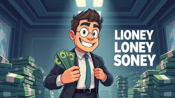 Cartoon businessperson with money stacks, motivational quote.