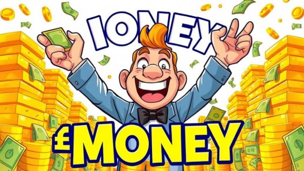 Stylized cartoon figure holding money with text on getting rich.