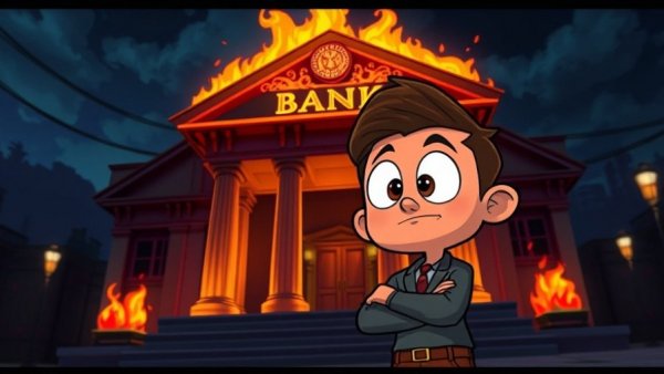 Cartoon bank and gears illustrating real estate investors and banking system.