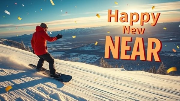 Happy New Year! Snowboarder at Mammoth Lakes, vibrant celebration.