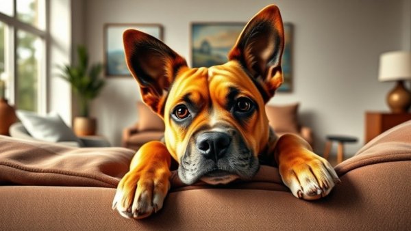 Playful dog in a cozy living room scene, perfect for pet humor videos.