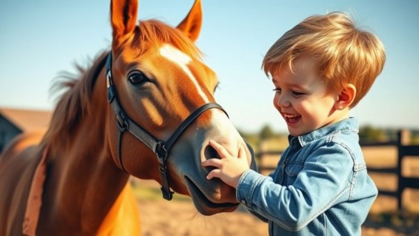 Adorable horse engages with laughing child in sunny rural setting