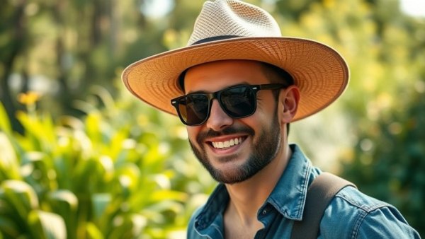Casual man enjoying outdoors with smile, surrounded by greenery.