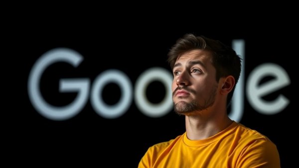 Curious man pondering Google free AI tools with logo backdrop.