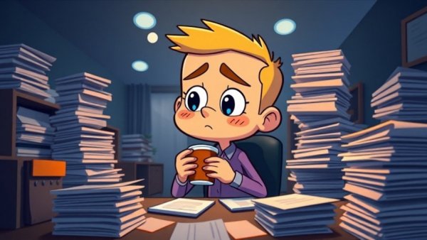 Cartoon character overwhelmed by papers, reflecting outdated success rules.