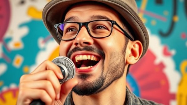 Close-up of man discussing MrBeast's YouTube success, vibrant background.