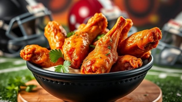 Crispy baked ranch chicken wings with dip, football theme.