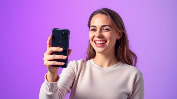 Future of Smartphone Navigation highlighted by a woman presenting a futuristic phone.