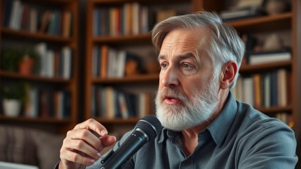 Man discussing red flags in hiring and dating, seated with microphone in a living room.