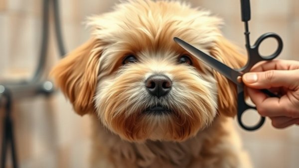 Dog being groomed with scissors in a salon for dog grooming tips.