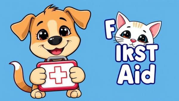 Pets promoting pet health services with a first aid kit.