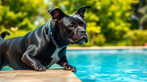 Humorous black dog by pool, hesitating to swim, illustrating dog humor.