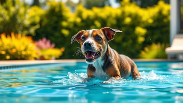Funny dog moment caught as a wet dog hesitates in the pool.