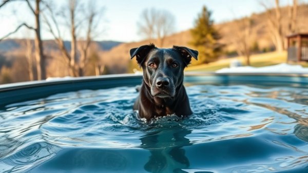 Dog cold plunge reaction with hesitant pause in pool.
