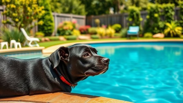 Black dog hesitates at pool edge, depicting cold water effects on dogs.