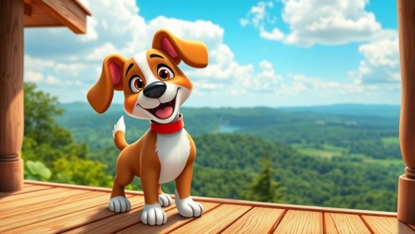 Funny pet cartoon dog playing on a deck with a scenic landscape.