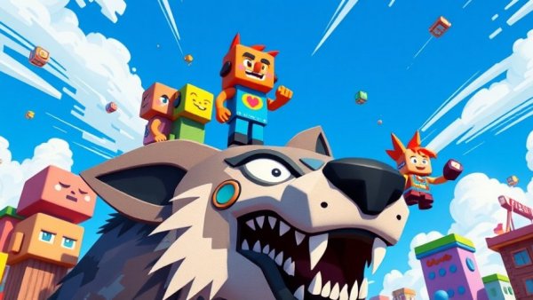 Whimsical blocky characters on a cube wolf head, pet comedy theme