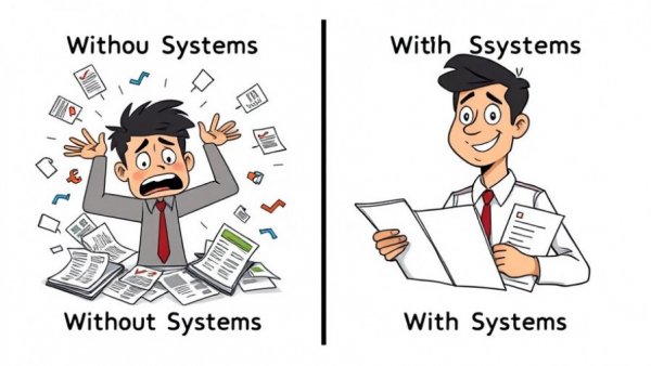 Illustration contrasting chaos and order, success systems cartoon.