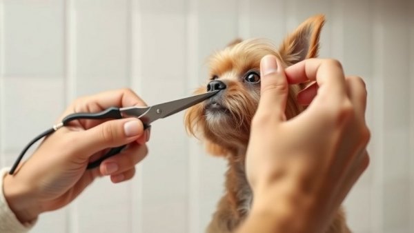 Dog grooming tips: Small dog being gently trimmed with scissors.