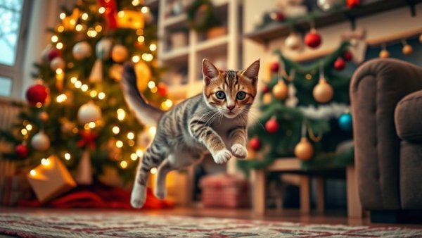 Playful cat jumping near a Christmas tree indoors.