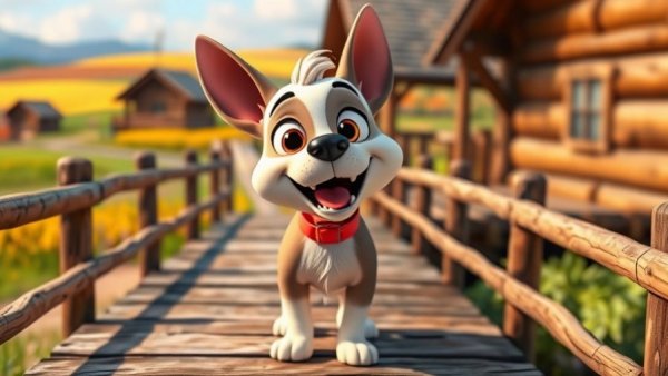 Funny pet cartoons: playful cartoon dog on a wooden bridge in a colorful setting.