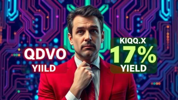 Comparison of QDVO vs KQQQ yields with a thoughtful man in a tech-themed setting.