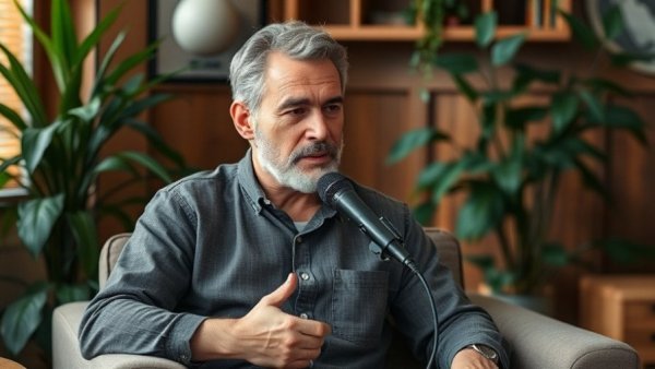 Middle-aged man discussing digital marketing strategies in a studio.