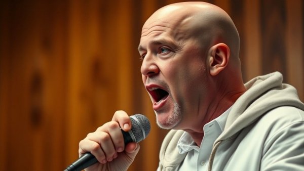 Bald man speaking in a room with wooden panels, focused and expressive, related to professional emails are SPAMMED.