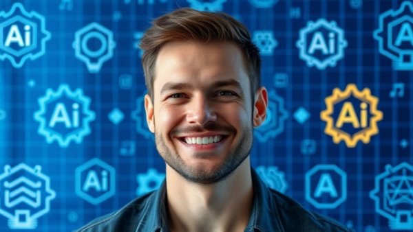 Man with AI logos, digital theme for top AI tools for marketing.
