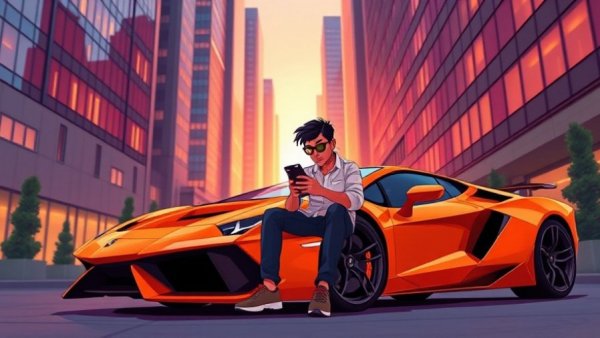 Stylized illustration of figures with luxury car for RealEstate Investors.