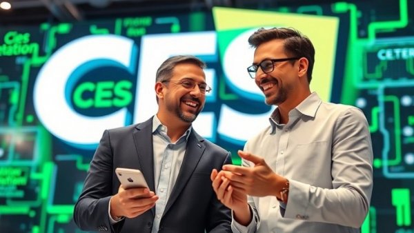 Future of technology trends CES 2026, two professionals discussing innovations.