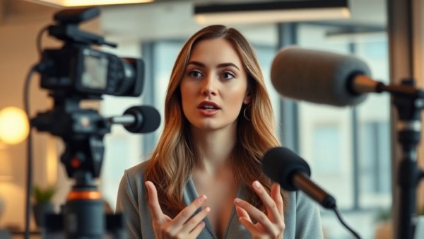 How I Built a 0-Employee Agency with AI - Young woman discussing AI tools in an office.