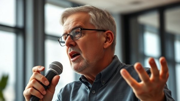 Middle-aged man discussing people vs process problems in an office.