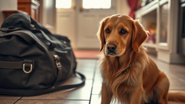 Sad golden retriever by duffel bag in home, professional dog trainers.