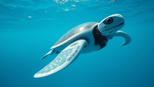 Futuristic robotic sea turtle gliding in blue water for ocean conservation.