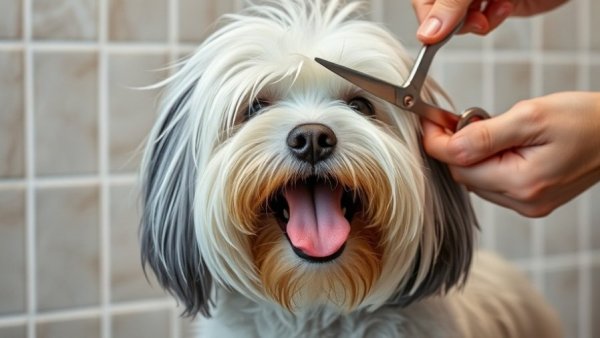 Dog grooming tips with a shaggy dog being groomed.