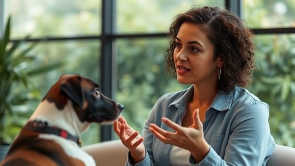 Woman explaining handling seizures in pets indoors casually.