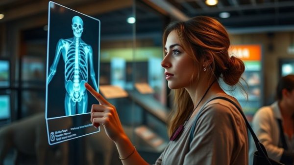 Curious woman at zoo examining crazy animal X-rays.