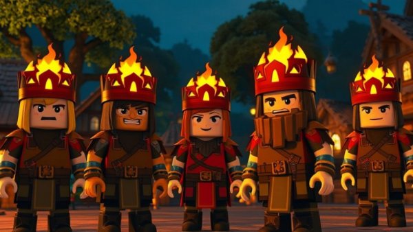 Blocky characters with flaming crowns in a lively village scene.