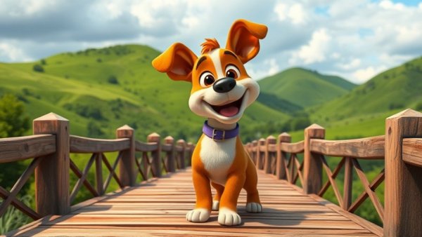 Colorful pet cartoon dog on bridge, lush landscape, 3D Pixar style.