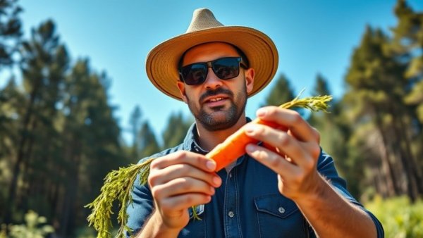 Man comparing winter and spring carrots outdoors in bright sunlight.
