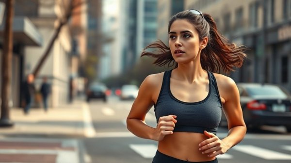 Woman jogging city street daylight, waving back in social interactions.