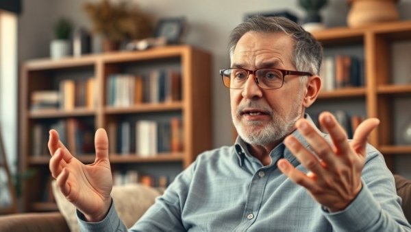 Middle-aged man explaining in a cozy room to reduce risk of Alzheimer's.