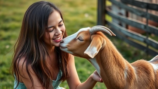 Joyful goat nuzzling woman in funny pet video.