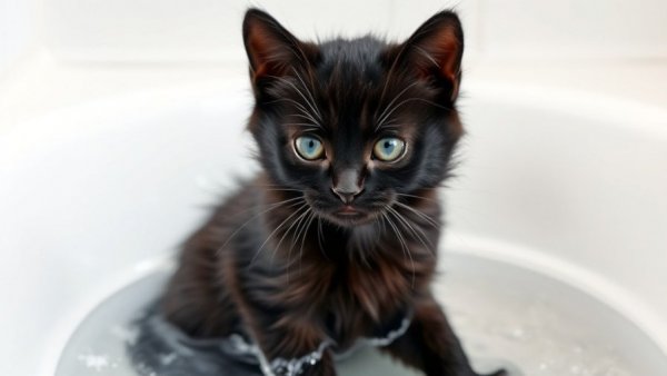Kitten bath time antics with a wet black kitten sitting in a tub.