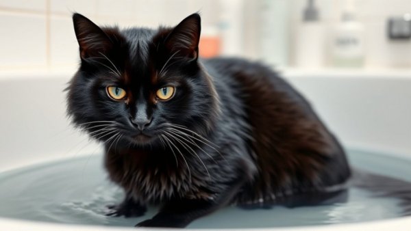 Displeased black cat in bath showing playful antics.