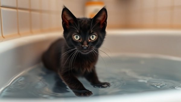 Wary black kitten in bathtub during bath antics.