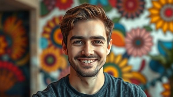 Friendly young man discussing weird but true animal facts for kids, mural background.