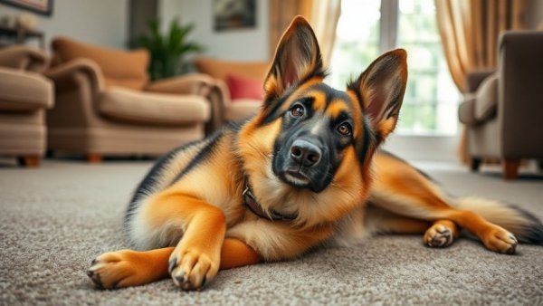 Funny German Shepherd sitting awkwardly in a cozy living room.