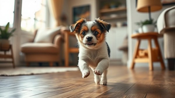 Playful small dog indoors, highlighting behavior curiosity.